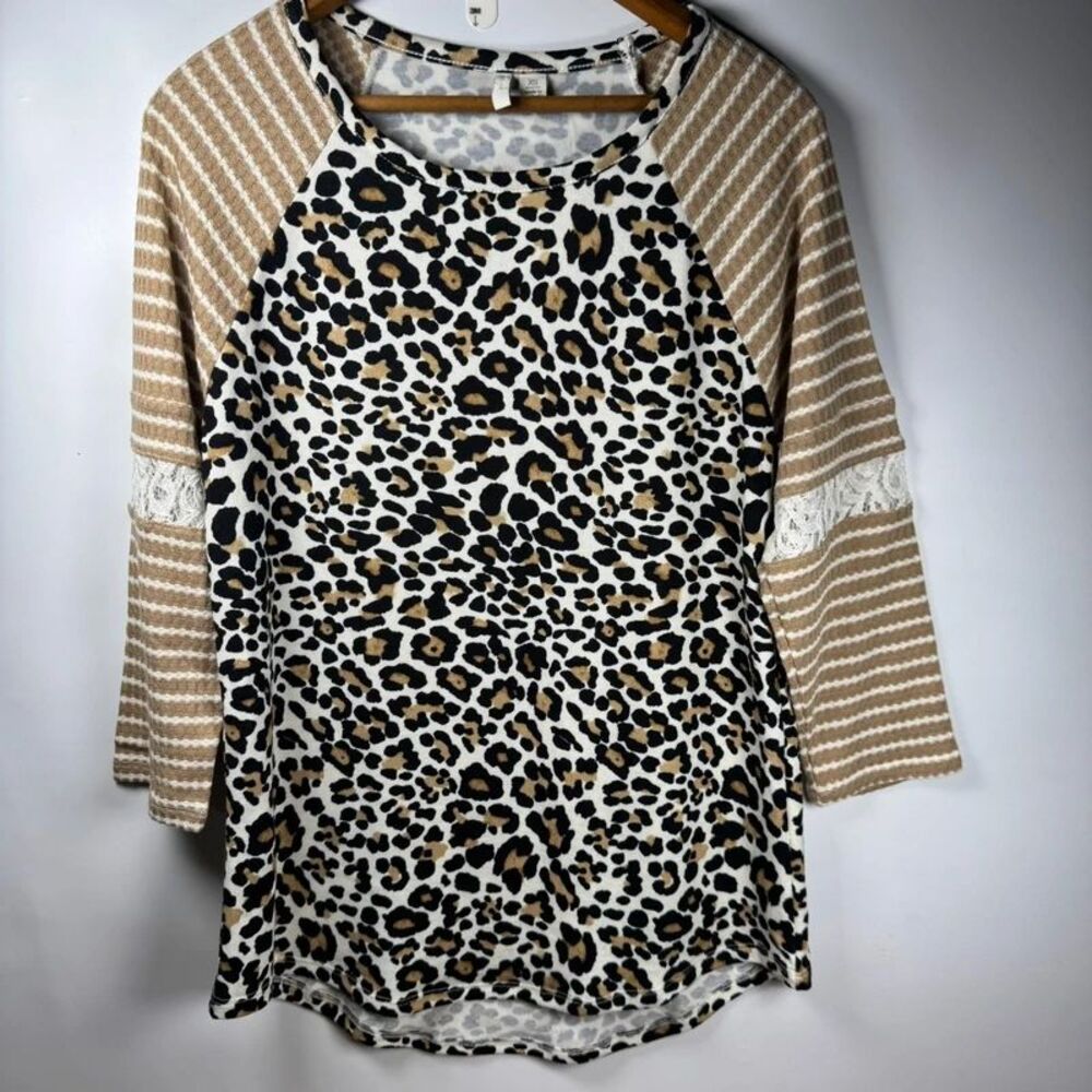 Cato Leopard Print Striped Raglan Sleeve Top Beige Womens XSmall Lace Trendy